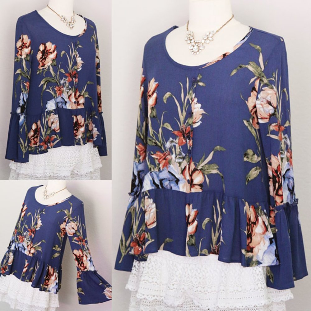 Blue Floral Bell Sleeves Faux Button Flowy Blouse